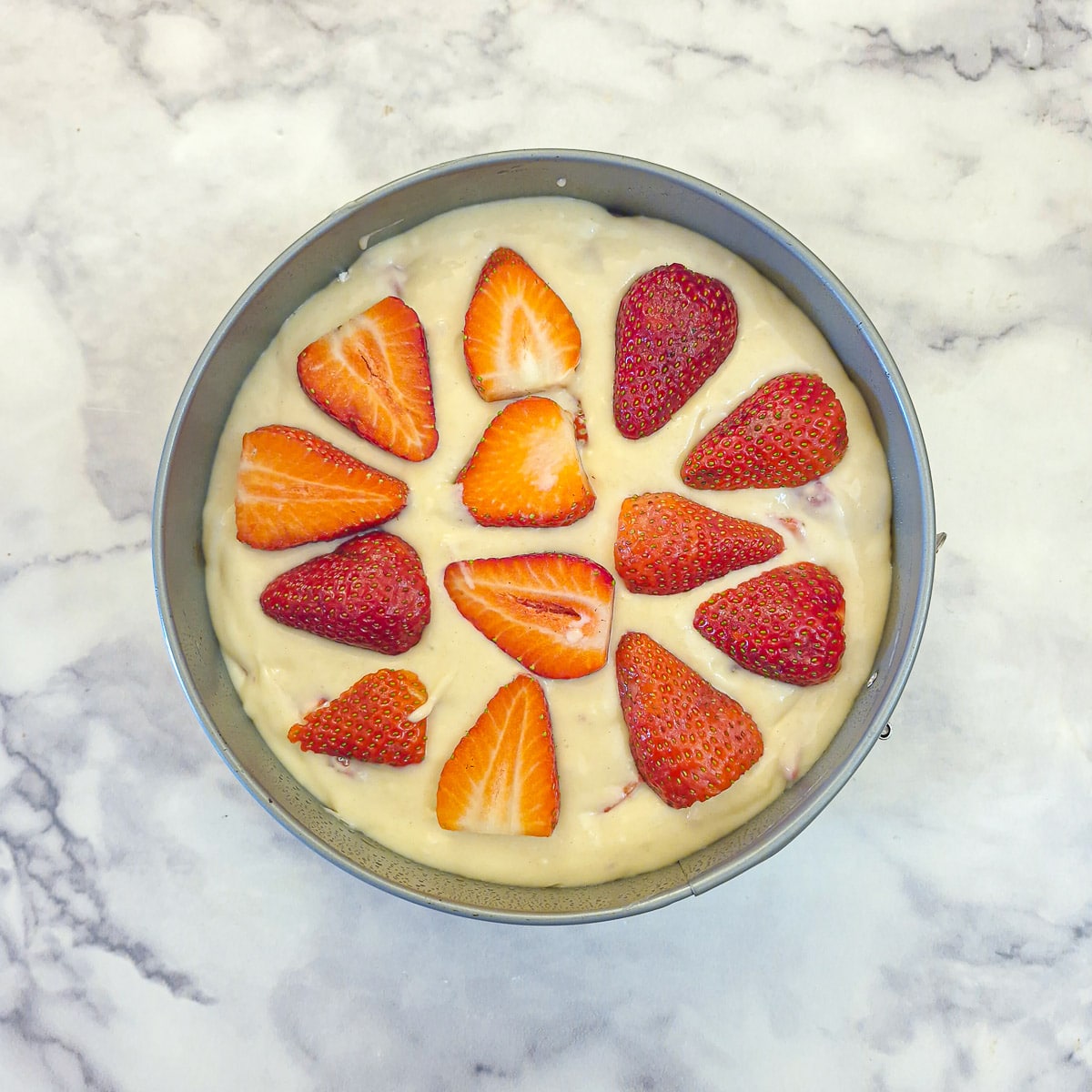 Sliced strawberries arranged on top of the cake batterr in a springform pan.