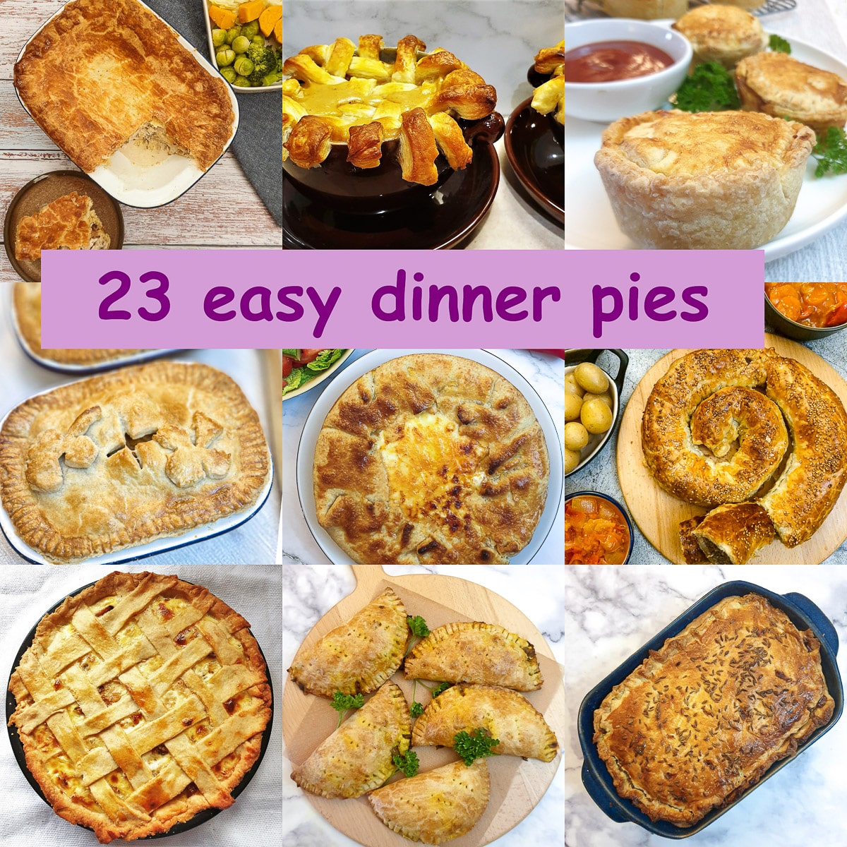 A collage of 9 of the recipies featured in this dinner pie collection.