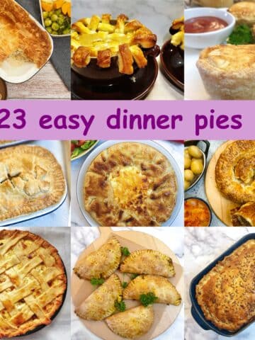 A collage of 9 of the recipies featured in this dinner pie collection.
