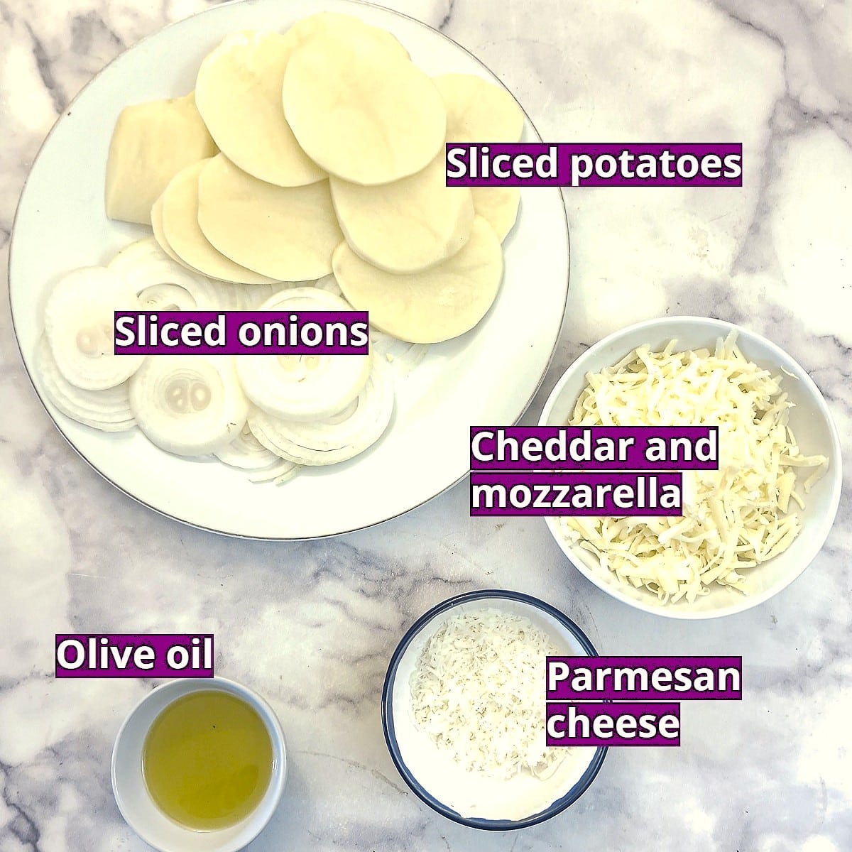 Ingredients needed to make cheesy potato and onion slices.