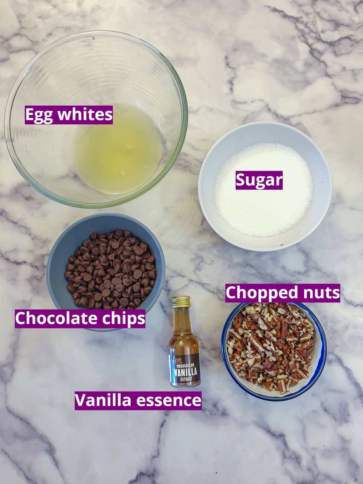 Ingredients you will need to make these meringue nut cookies.