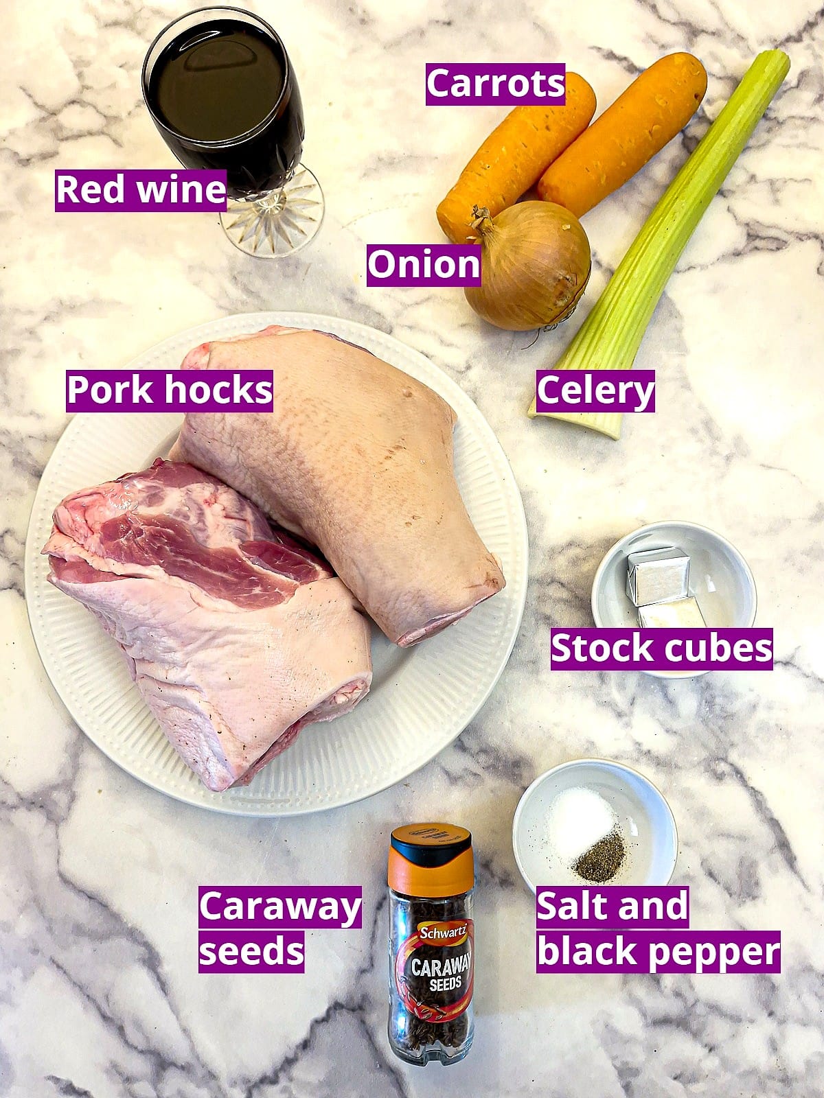 Ingredients for making crispy oven-baked pork with red wine gravy.
