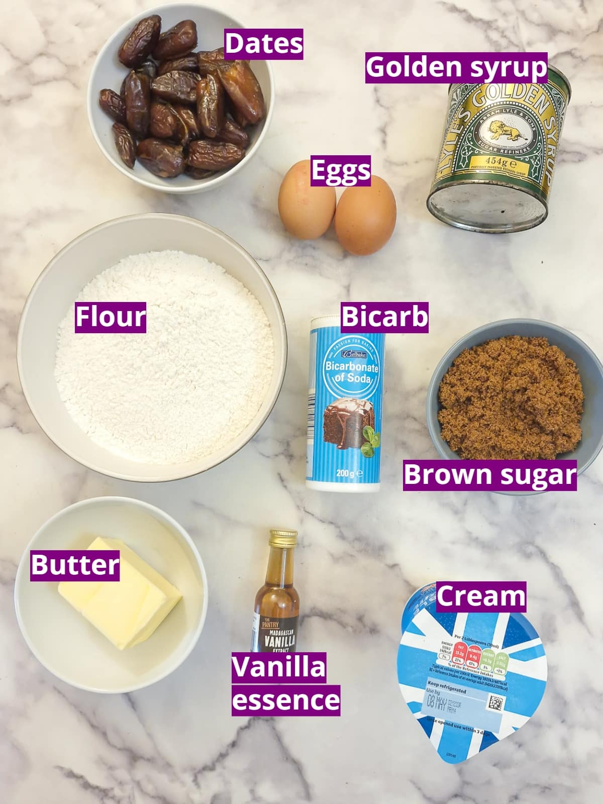 Ingredients for sticky toffe pudding traybake and toffee sauce.