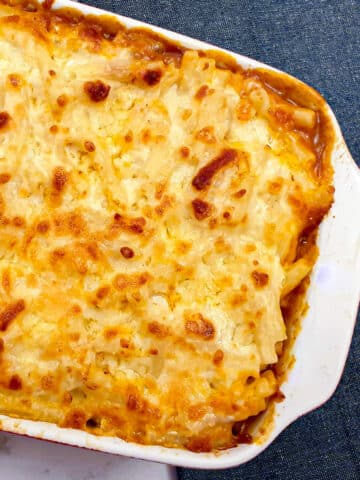Overhead shot of a dish of macaroni and cheese lasagne.