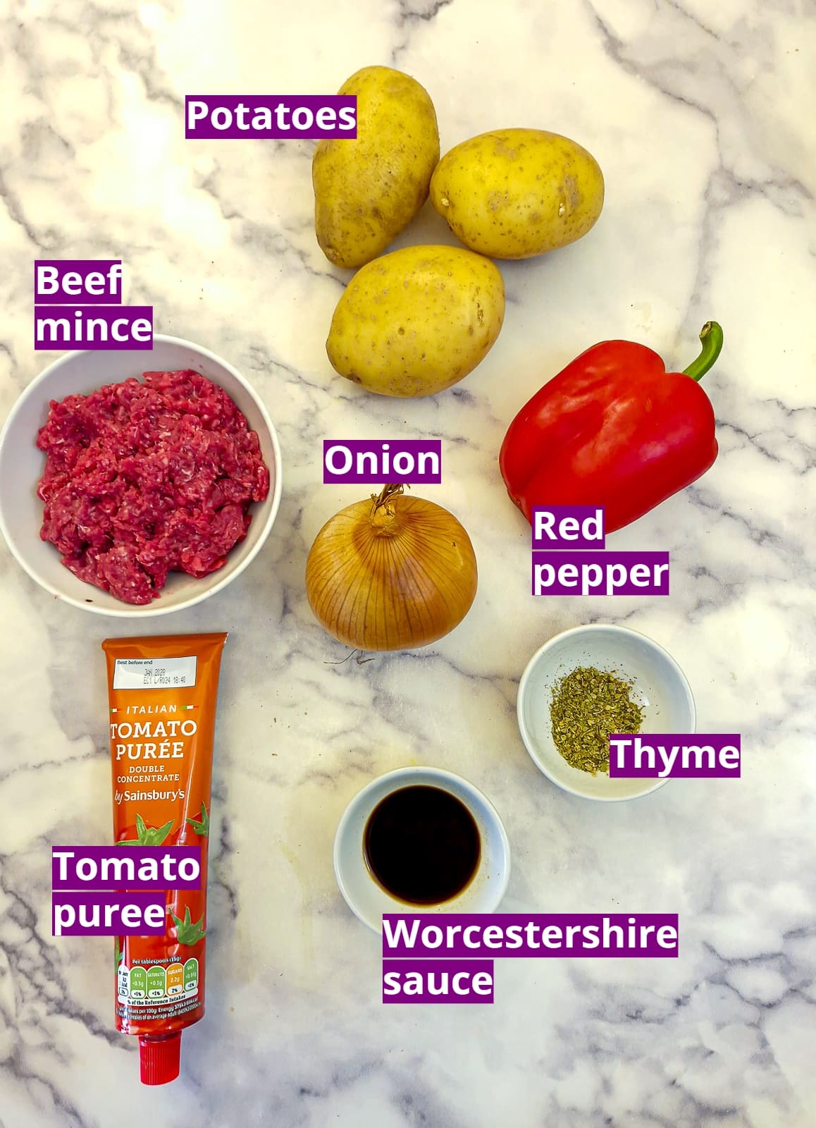 Ingredients for minced beef hash.