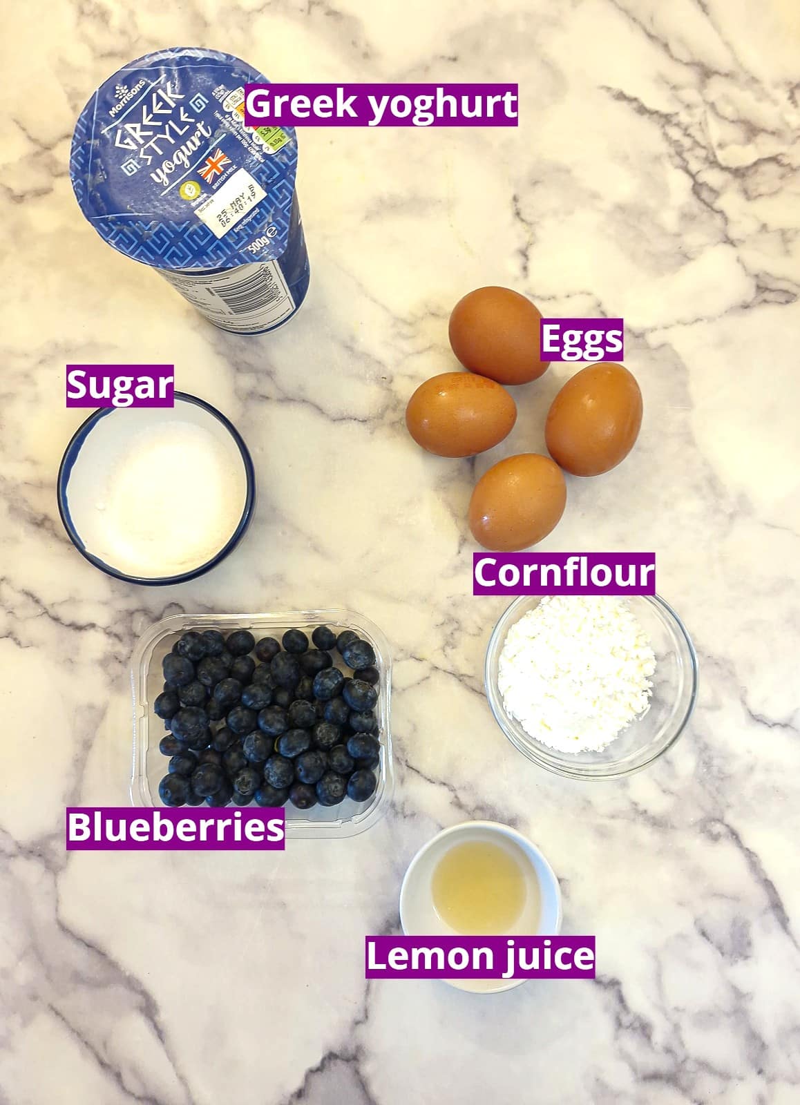 Ingredients for yoghurt cheesecake and blueberry compote.