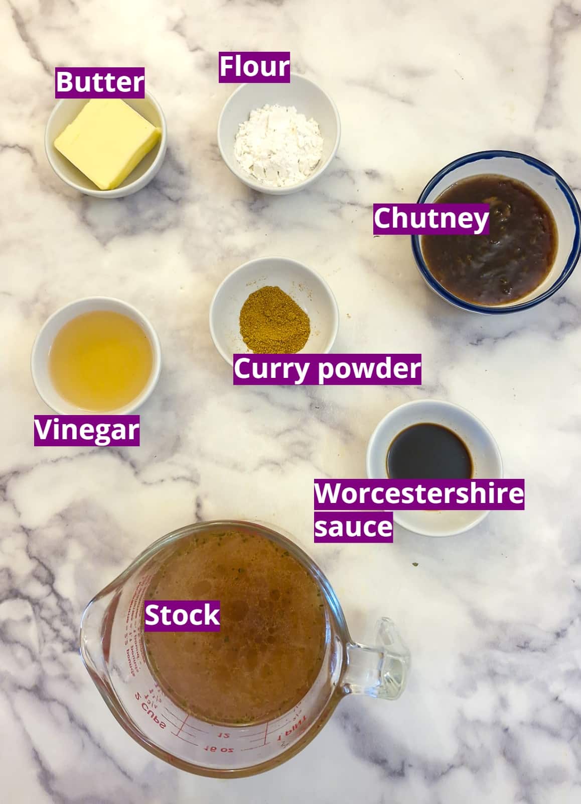 Ingredients for the chutney and onion gravy.