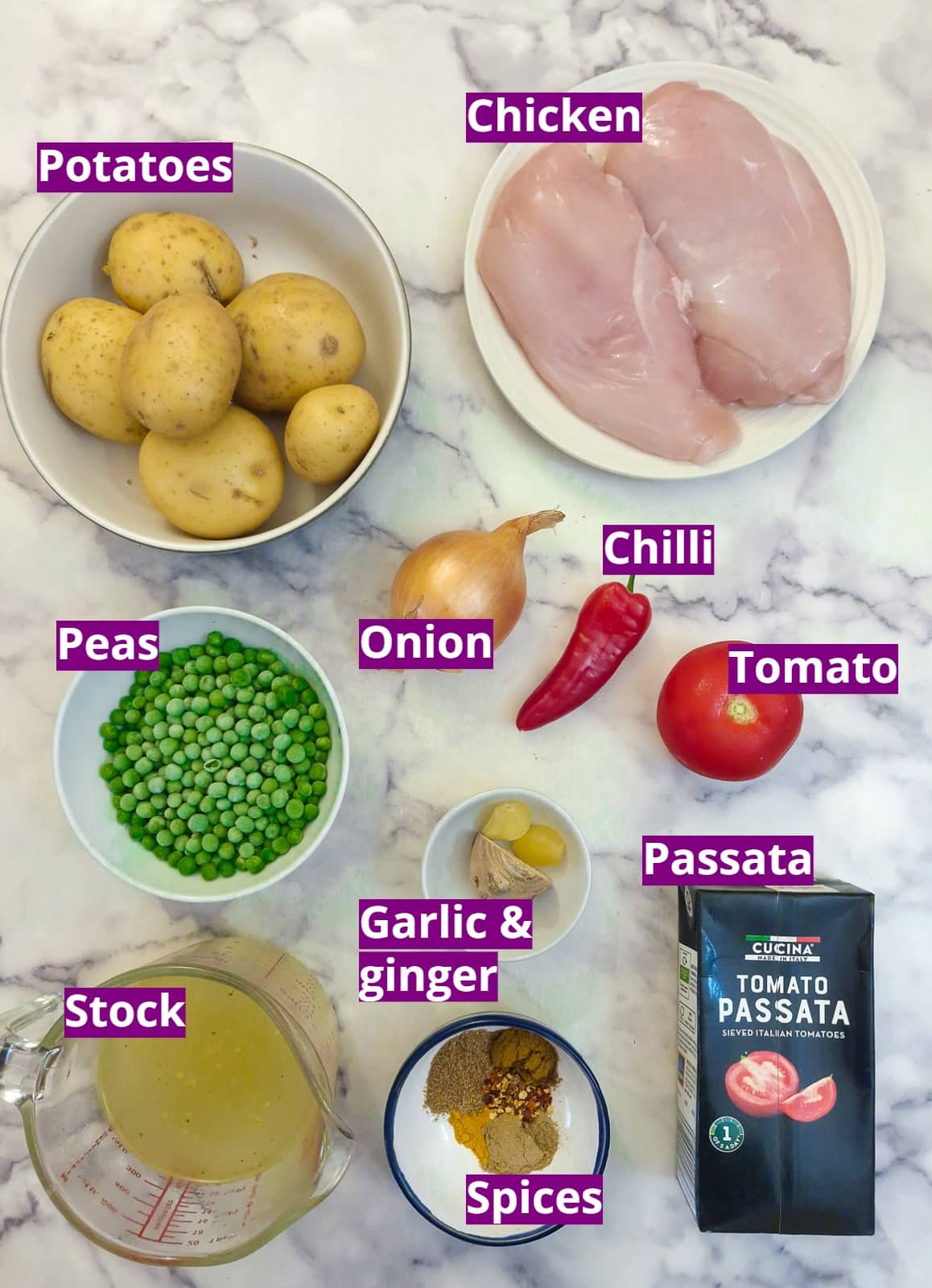 Ingredients for chicken aloo matar.