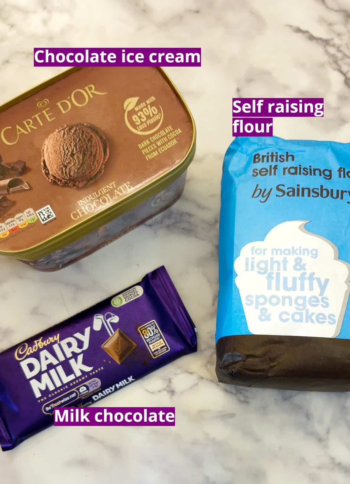 Ingredients for chocolate ice cream cake.