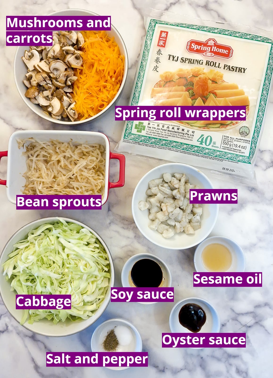 Ingredients for crispy prawn spring rolls.