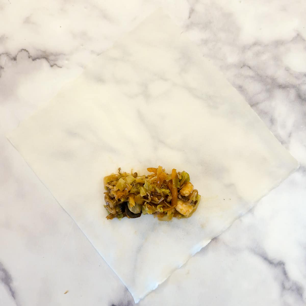 Step 5, a spoonful of fillng on the corner of a spring roll wrapper.