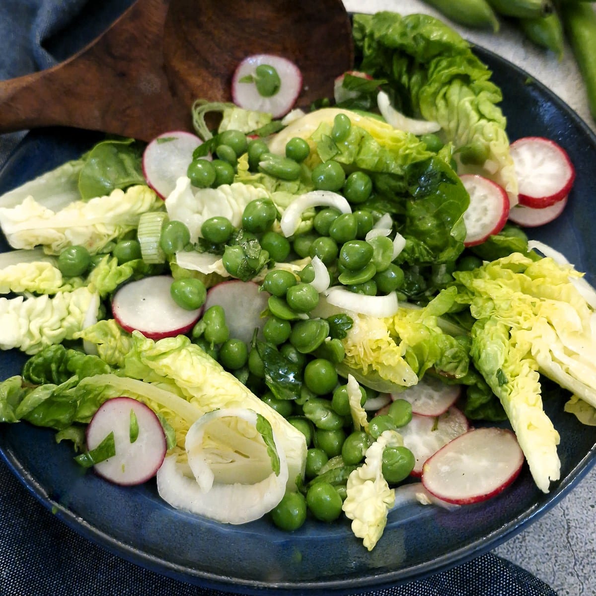 Pea and broad bean salad in a bue serving dish.