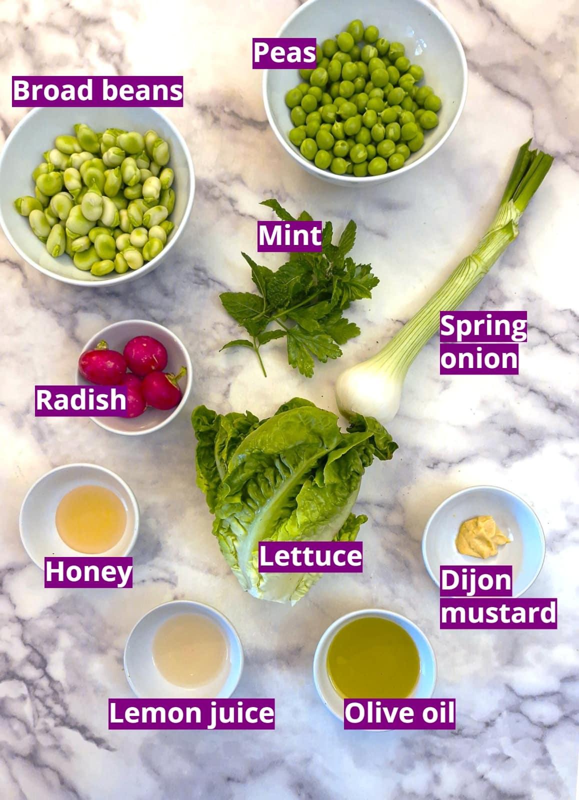 Ingredients for pea and board bean salad.