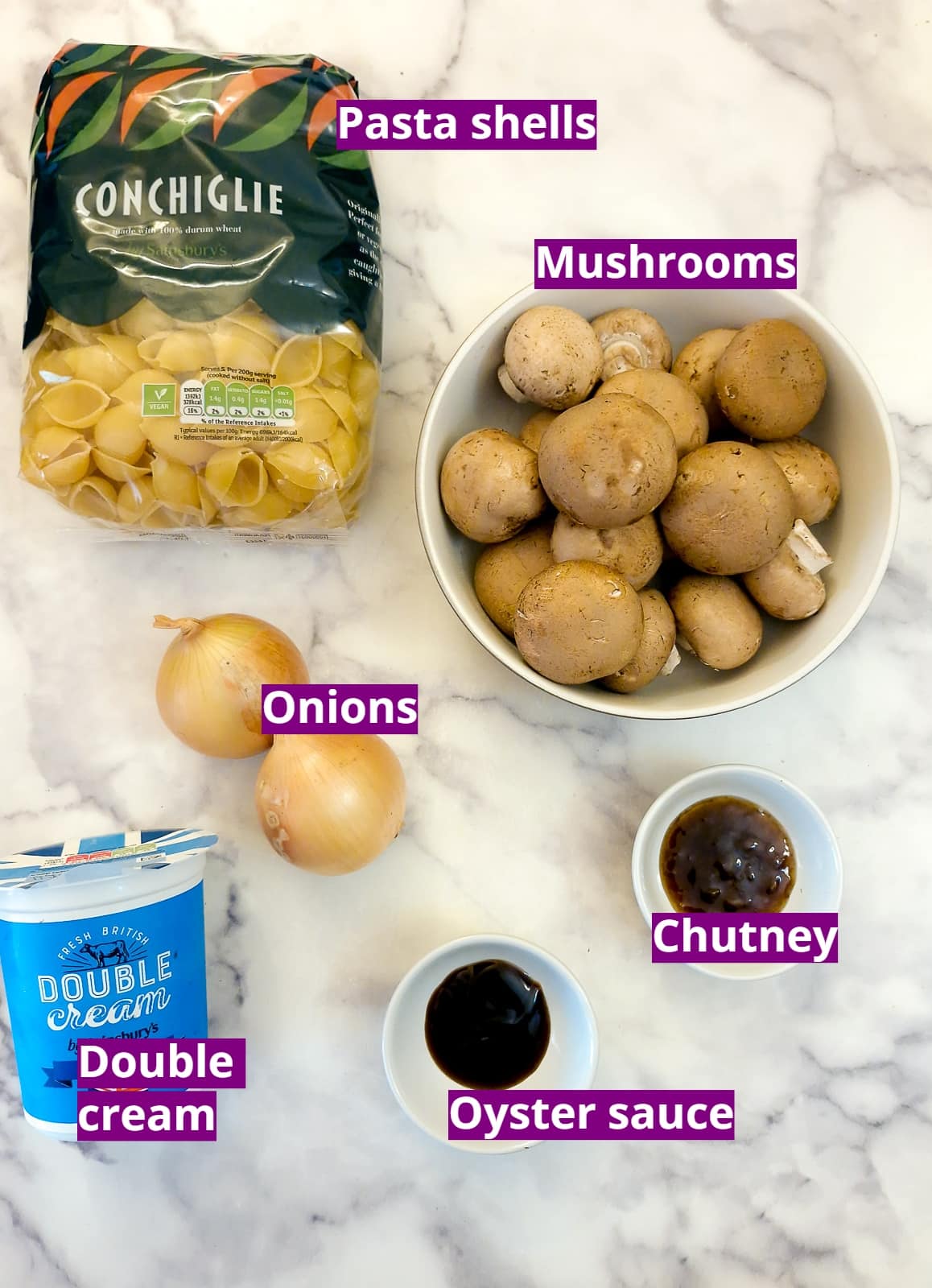 Ingredients for creamy mushroom pasta salad.