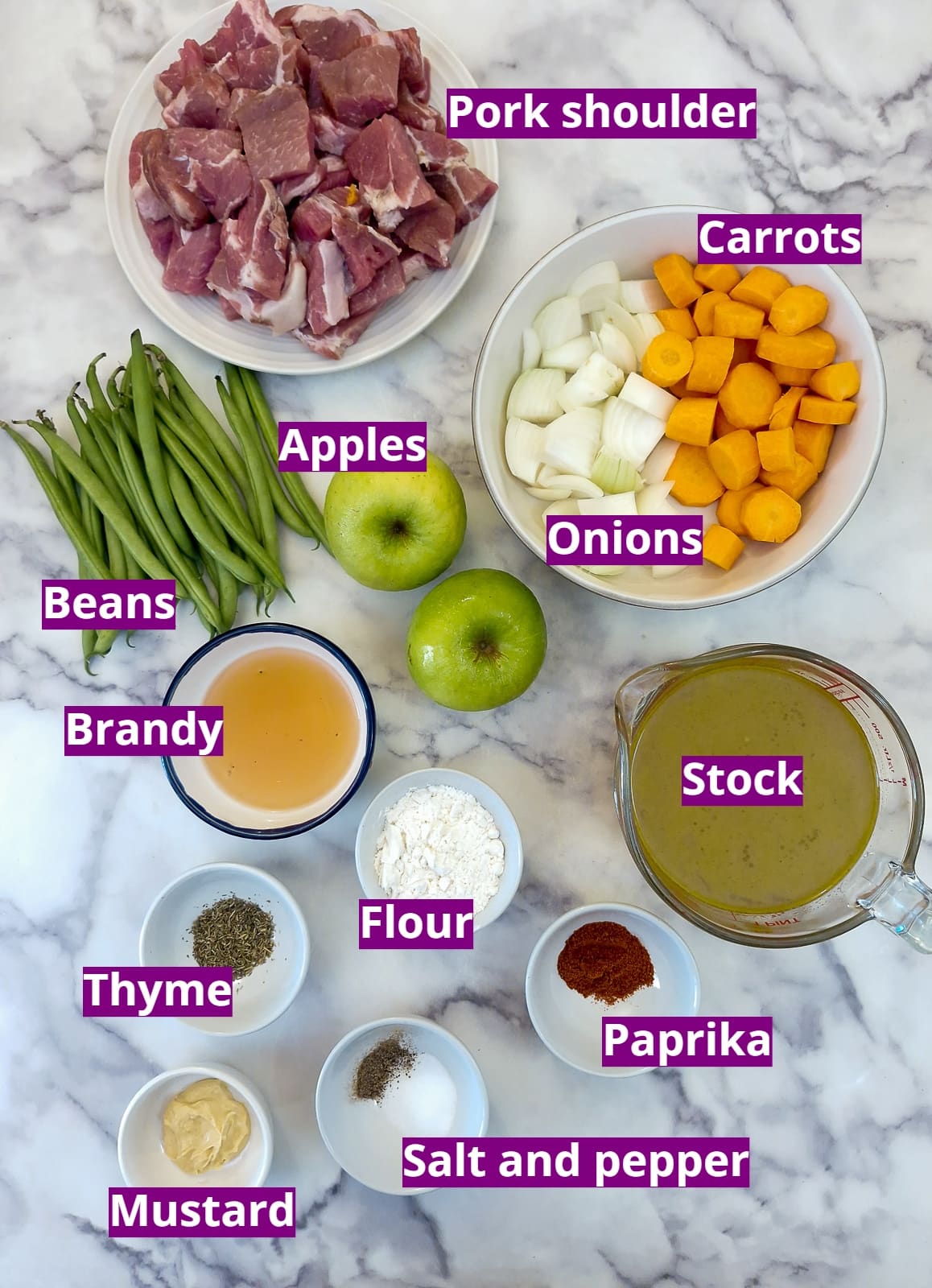 Ingredients for pork and apple casserole with brandy gravy.