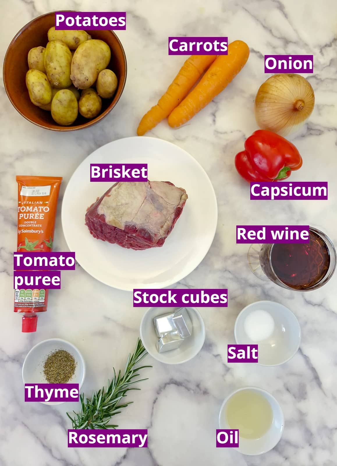 Ingredients for braised pot roast brisket.