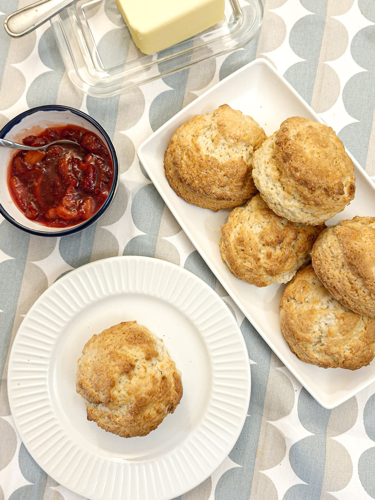 A plate of scones, with s dish of strawberry compote and a dish of butter on a table.