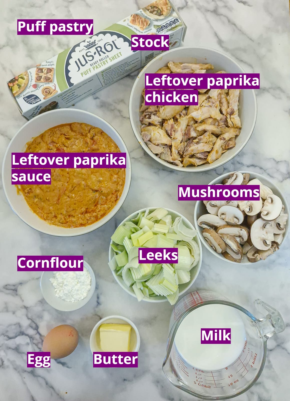 Ingredients for leftover paprika chicken pie.