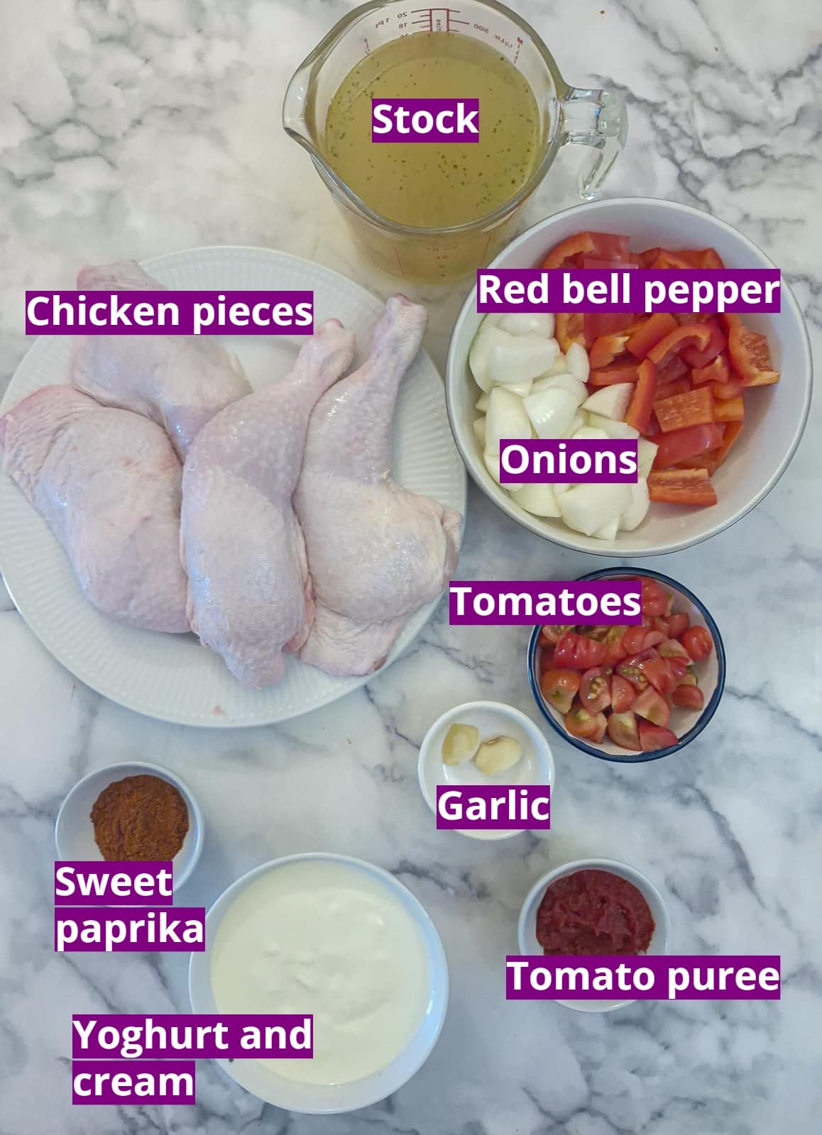 Ingredients for Hungarian chicken paprikash.