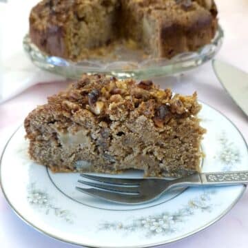 Close up of a slice of apple and chestnut cake.