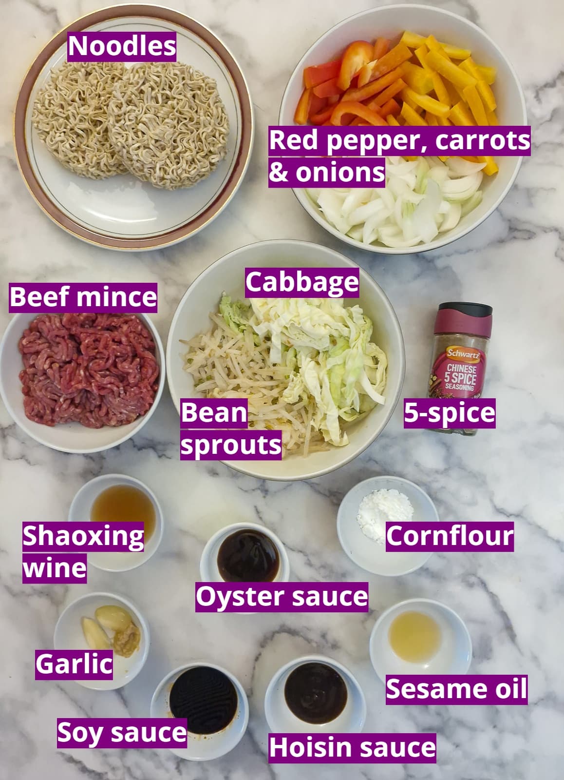Ingredients you will need to make minced beef chow mein.