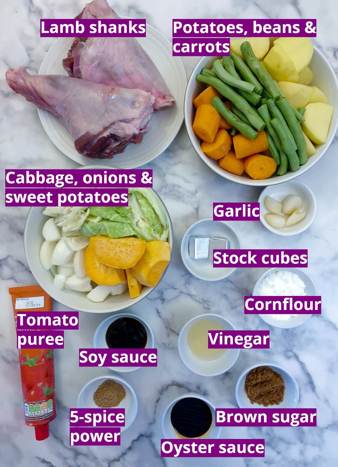 Ingredients needed to make braised garlic lamb shanks.