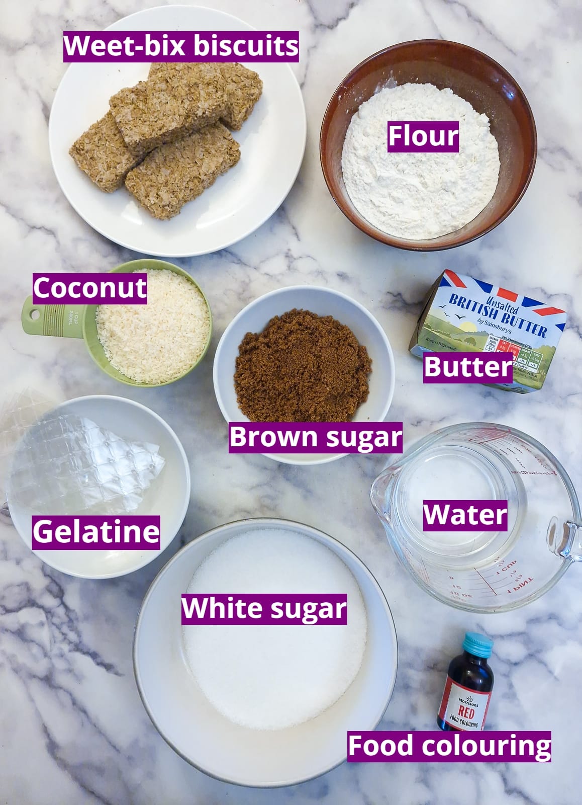 Ingrediients neede to make the coconut marshmallow slice.