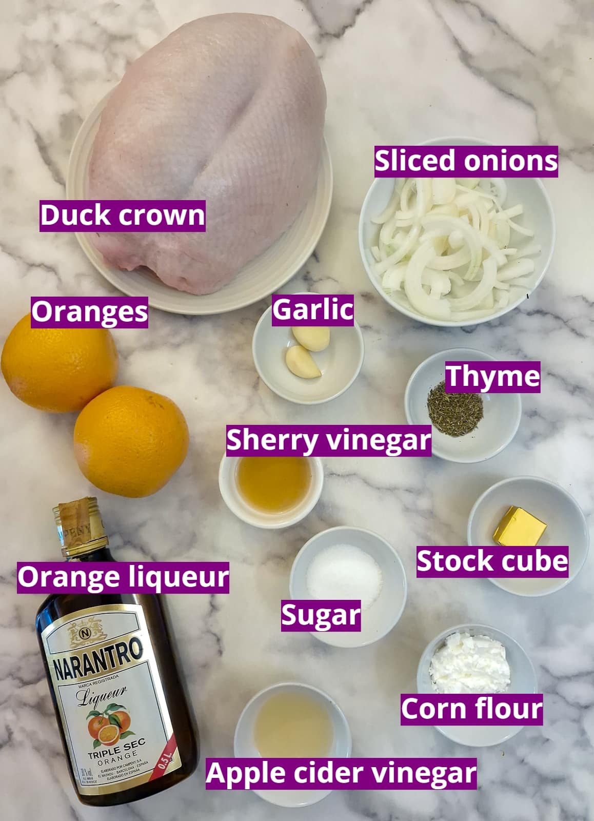 Ingredients you will need to make duck a l'orange.