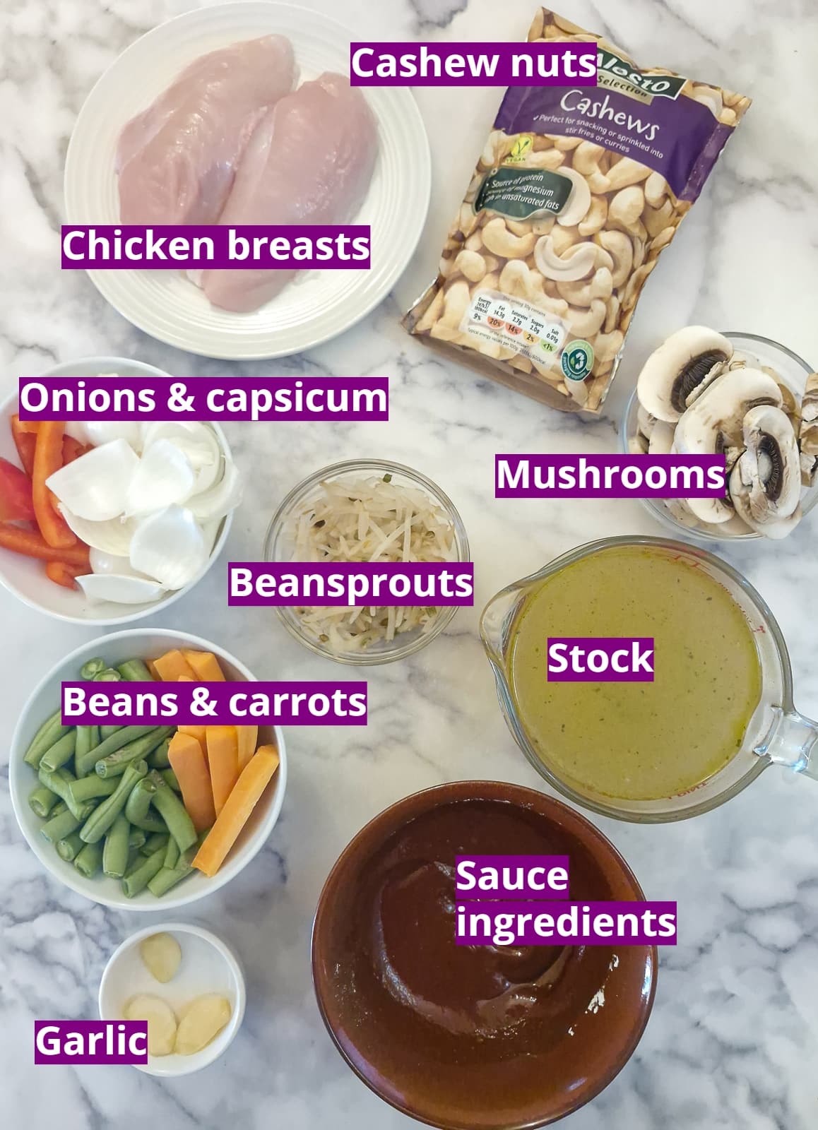 Ingredients you will need to make this garlic chicken with cashews recipe.