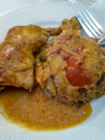 Chicken paprikash on a white plate with rice smothered in gravy.