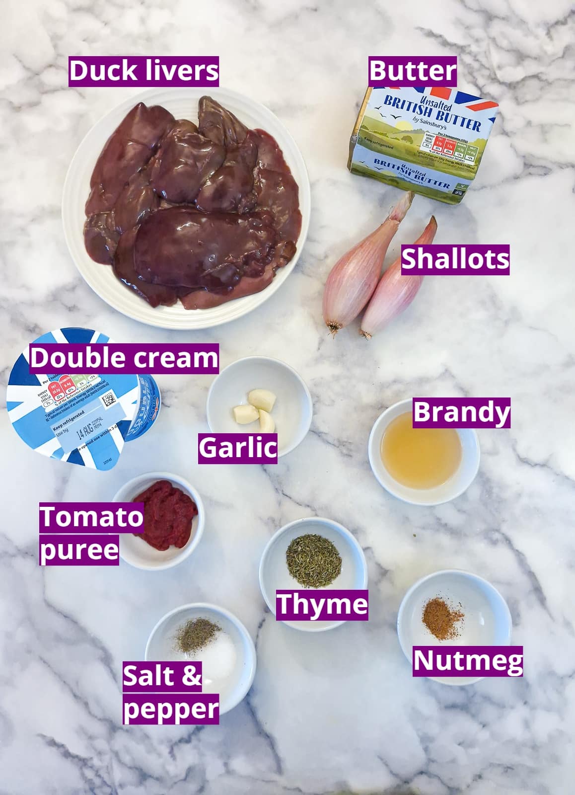 Ingredients for duck liver pate.