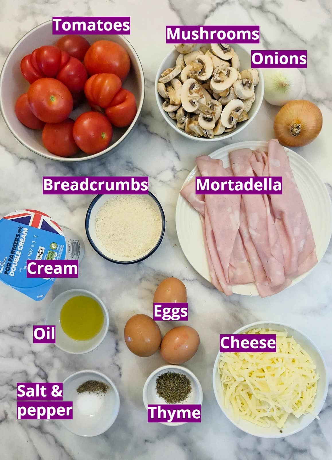 Ingredienets needed to make a crustless mortadella, cheese and tomato quiche.
