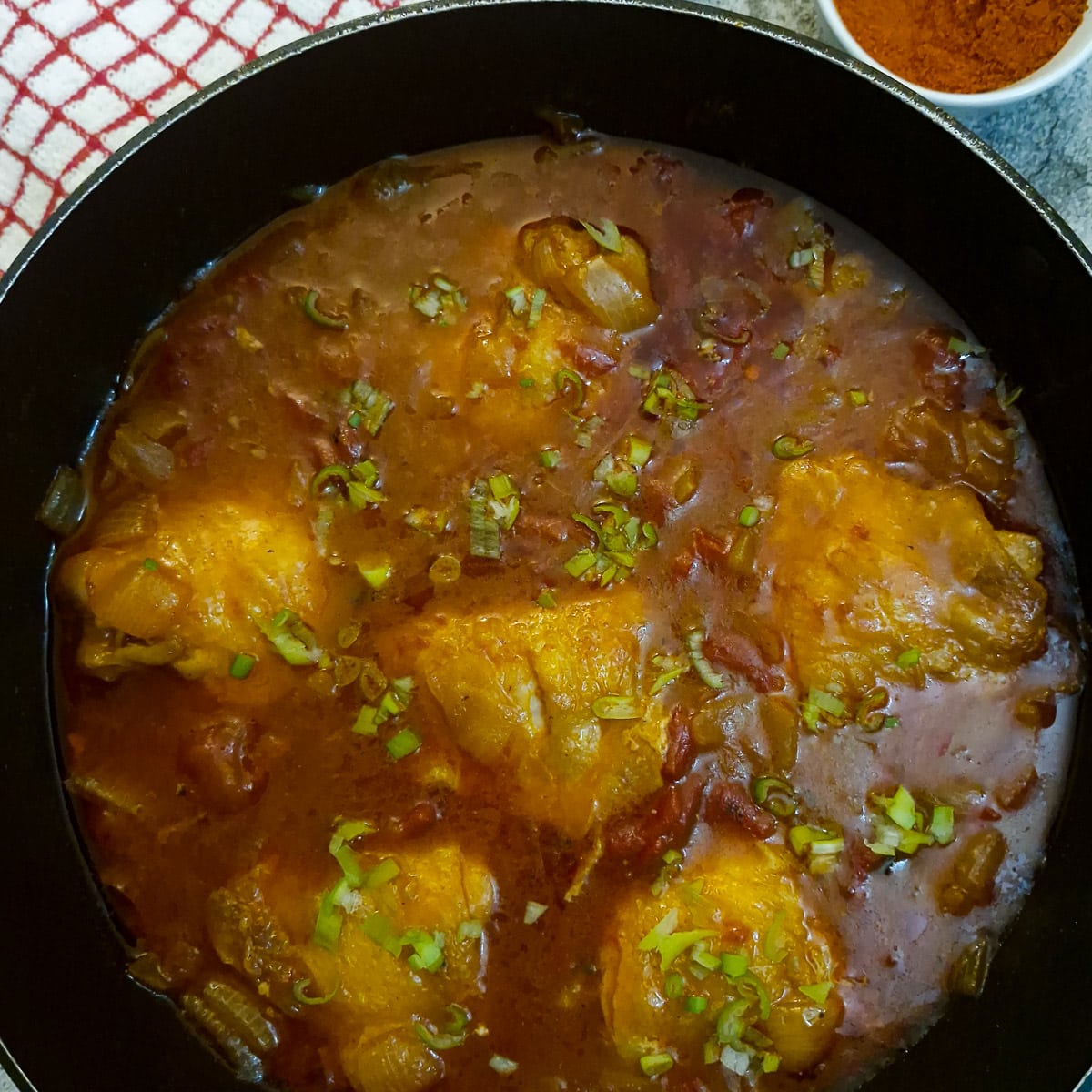 Succulent pieces of chicken submerged in a rich paprika-flavoured gravy.