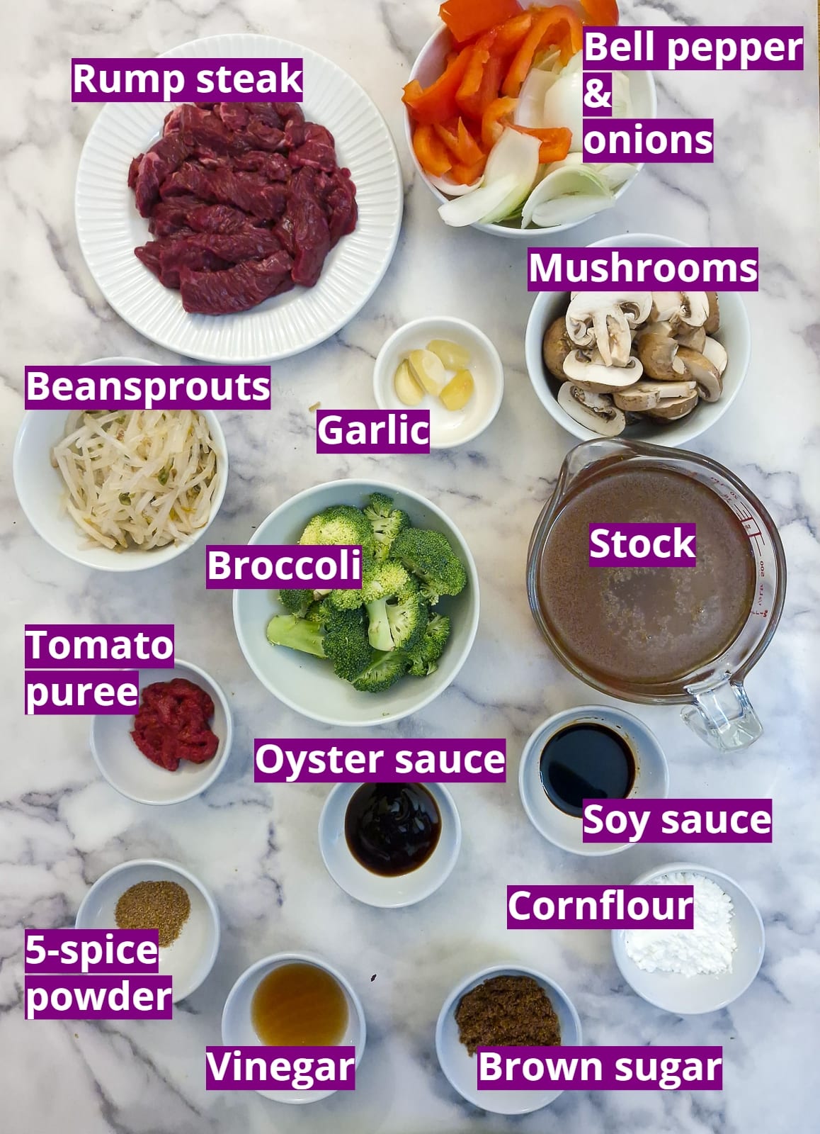 Ingredients for easy rump steak strips in garlic sauce.