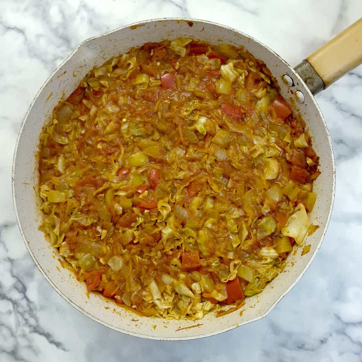 Step 6, a pan of almost completely cooked chakalaka. All that's missing is the baked beans.
