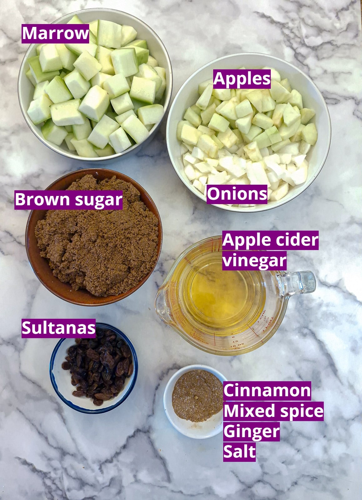 Ingredients for marrow an apple chutney.