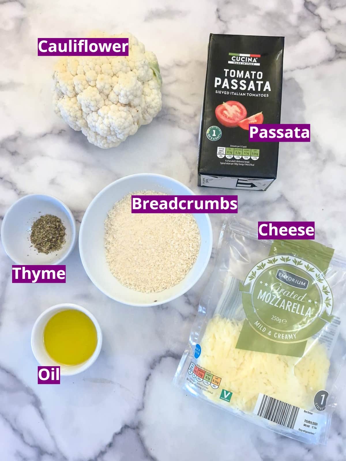 Ingredients neeed to make cheesy cauliflower and tomato bake.