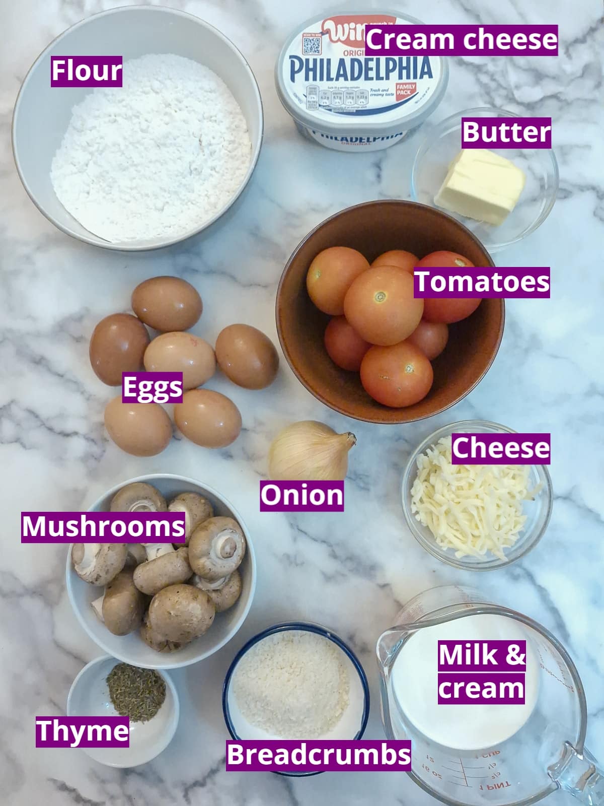 Ingredients for making an egg and tomato quiche with mushrooms
