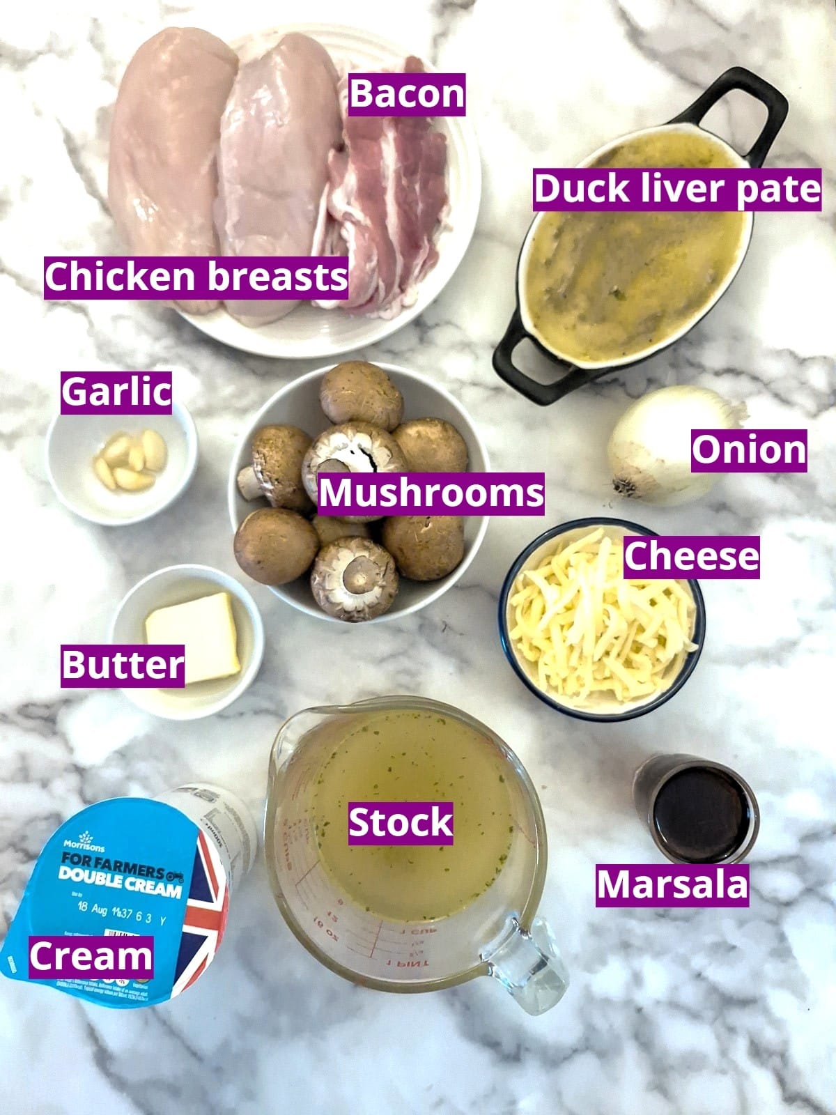 Ingredients you will need to make pate-stuffed chicken with marsala mushroom sauce.