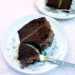 A slice of peppermint chocolate cake on a flower-patterned plate with a cake fork cutting through the corner.
