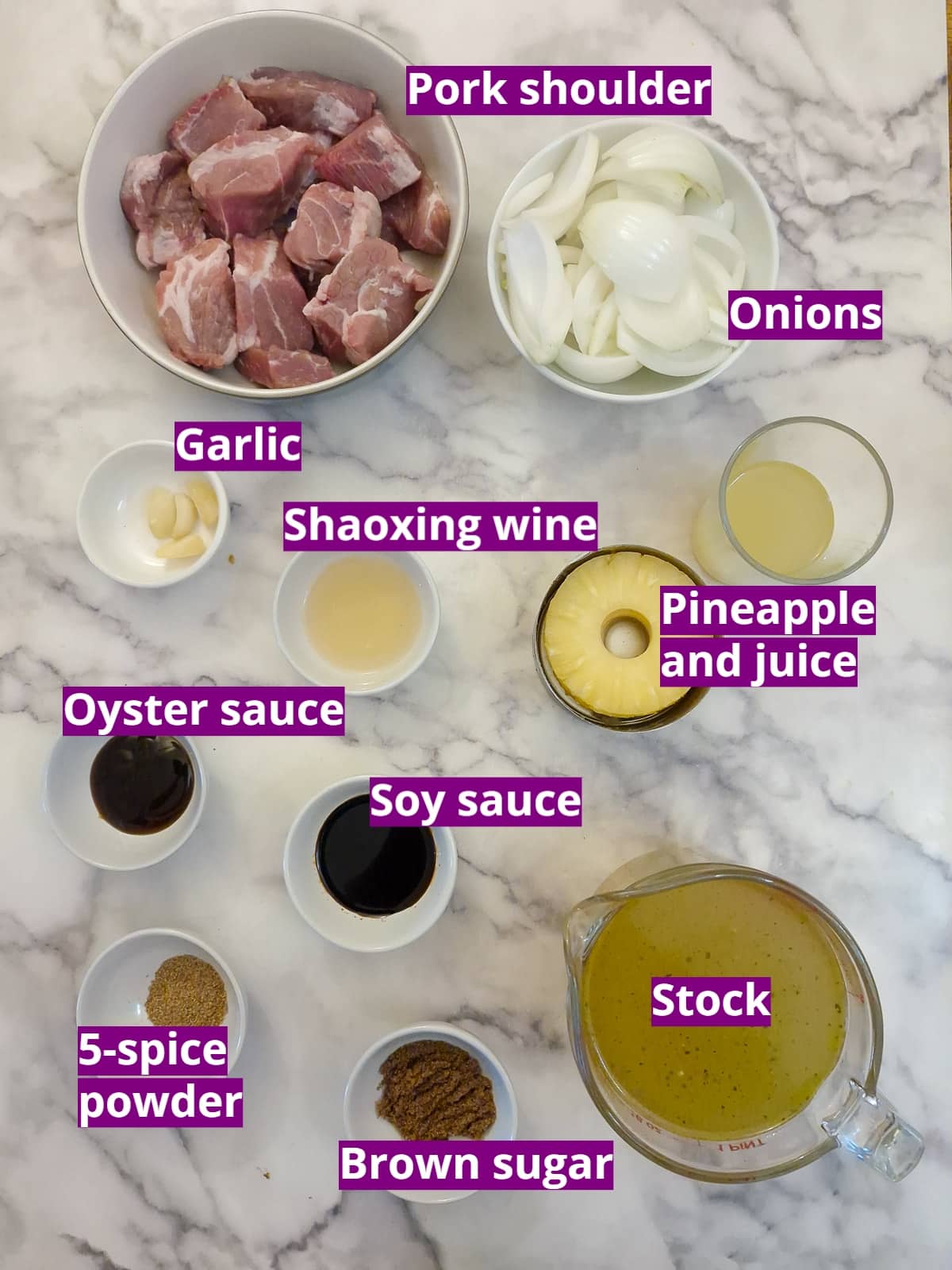 Ingredients needed to make caramelised pineapple pork with onions.