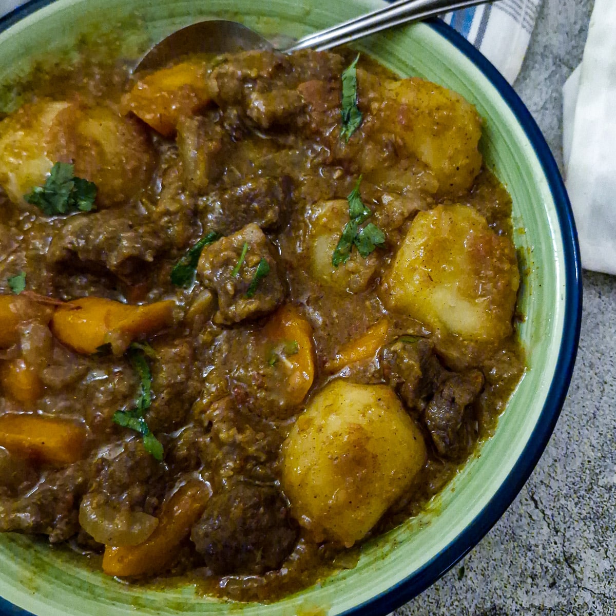 Close up of a dish of tamatie bredie.