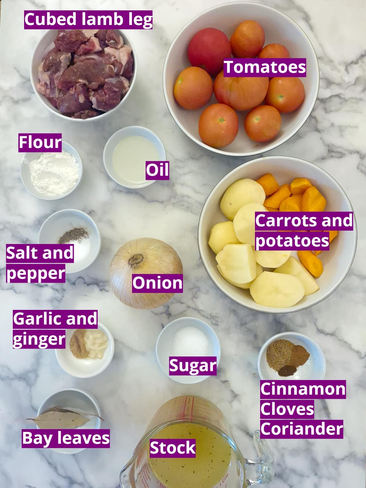 Ingredients you will need to make this South African lamb and tomato stew.