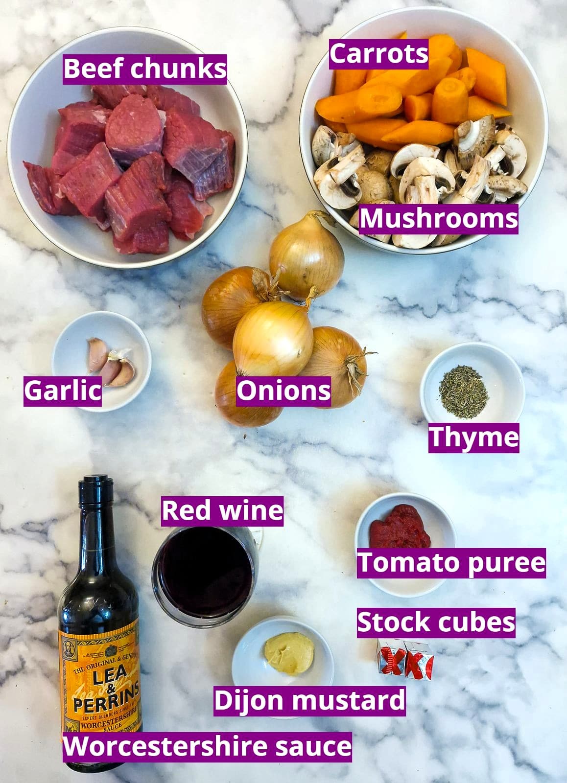 Ingredients for French onion beef casserole.e