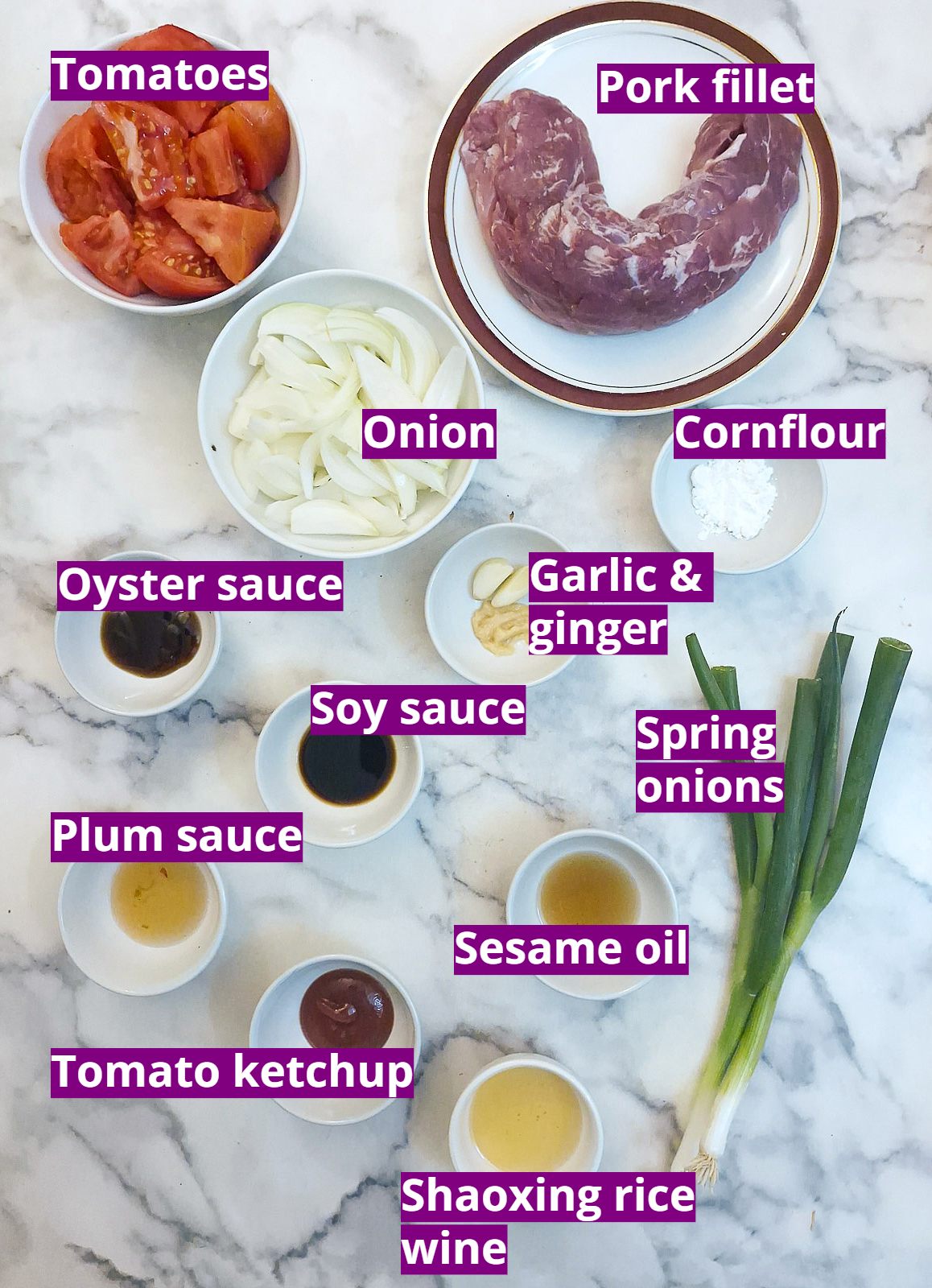 Ingredients you will need to make pork and tomato stir-fry.