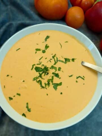 A dish of capsicum and tomato sauce garnished with chopped parsley.
