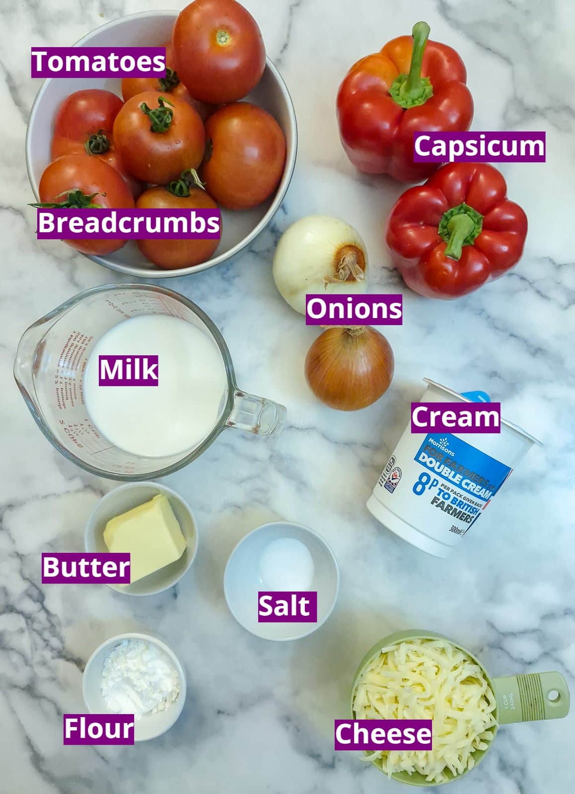 Ingredients you will need to make a capsicum and tomato sauce.