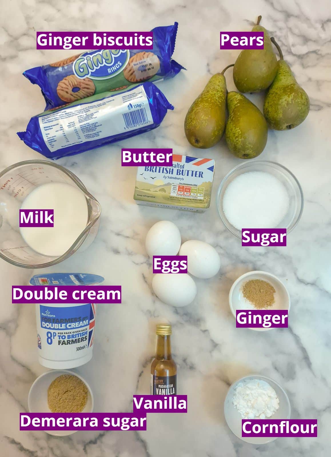 Ingredients you will need to make a baked pear and ginger custard tart.