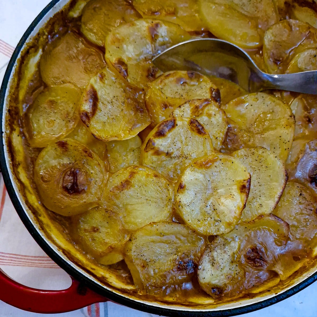 Close up of the deliciously crispy potatoes on top of the steak and kidney hotpot.