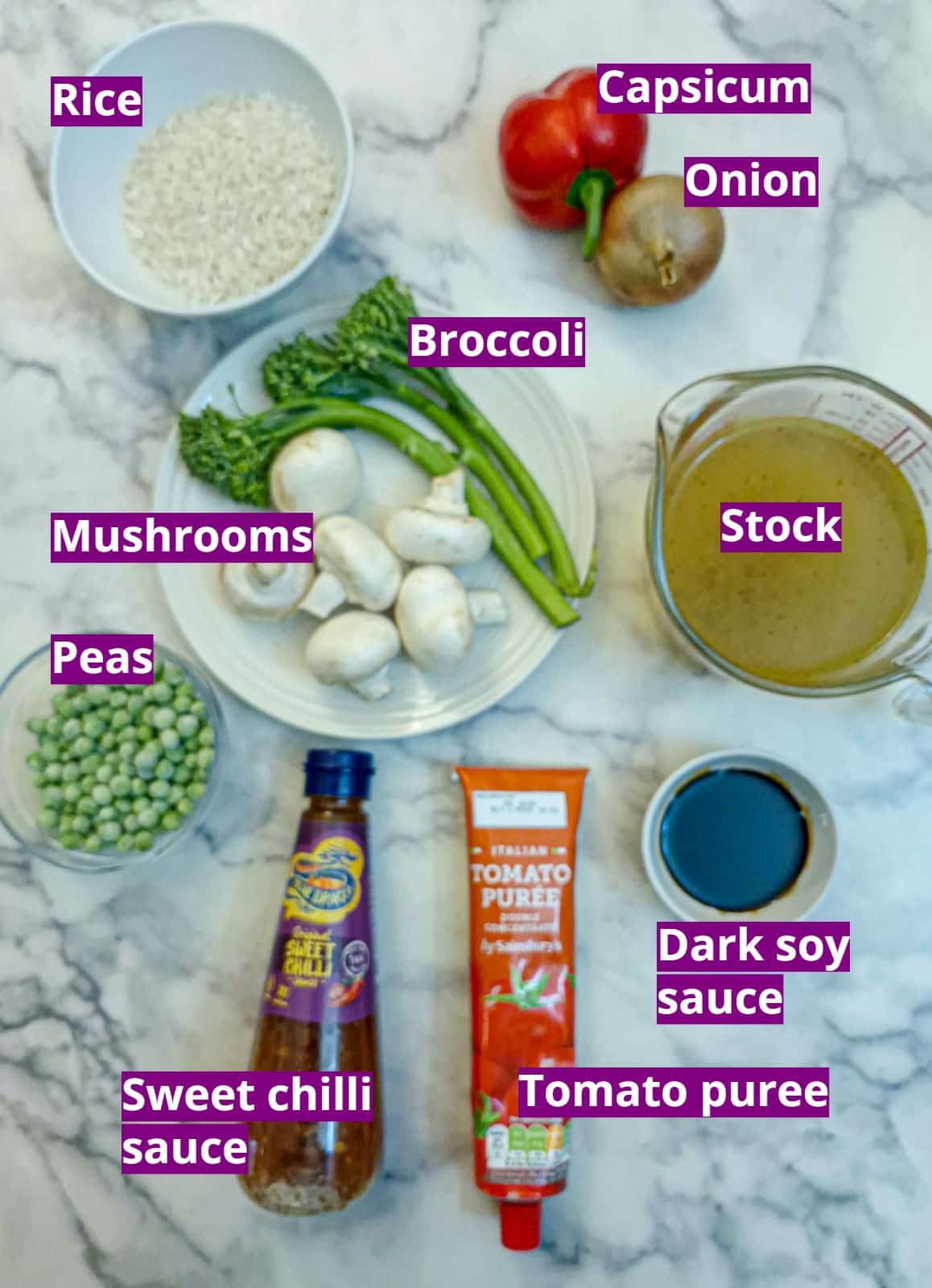 Ingredients you will need to make sweet chilli vegetable rice.